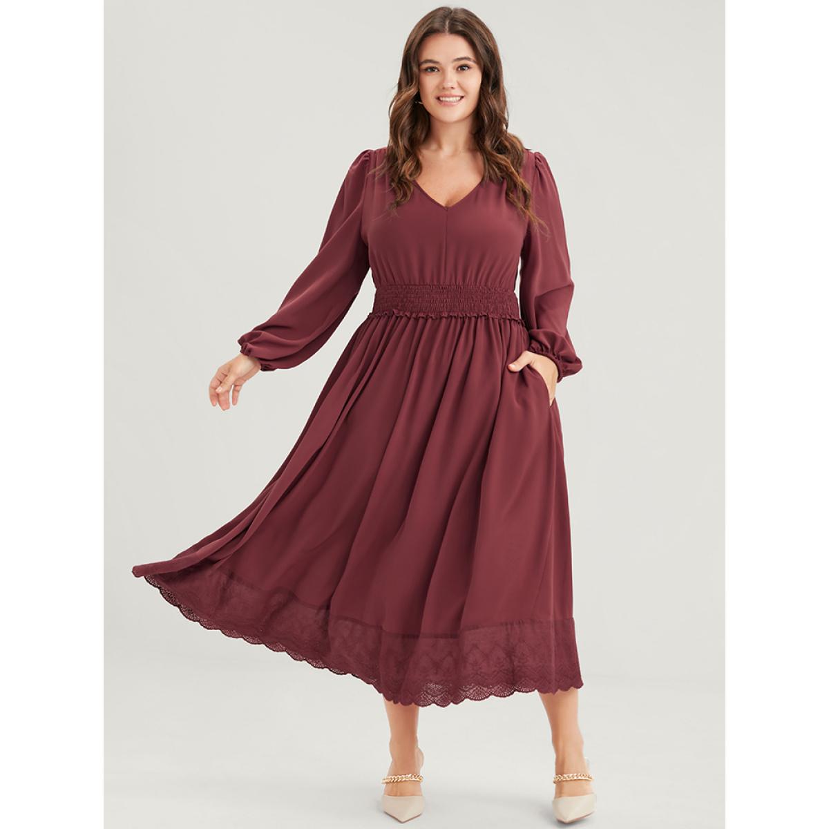 Plus Size Solid Pocket Lantern Sleeve Patchwork Ruffled Shirred Dress DustyPink Women Elegant Plain V-neck Long Sleeve Curvy Midi Dress BloomChic 12/L Product Image