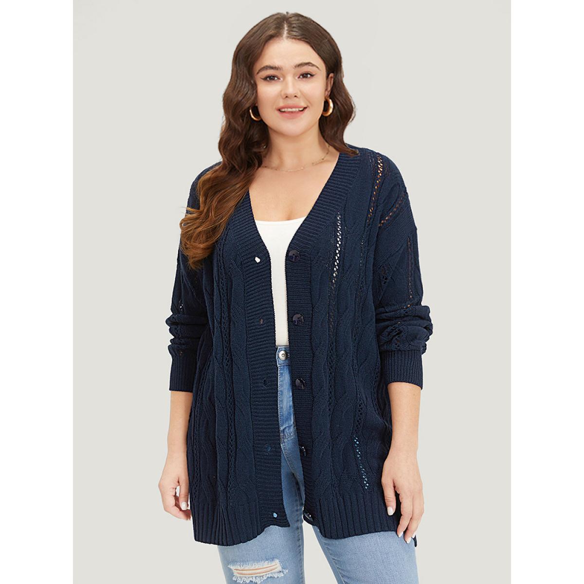 Plus Size Plain Button Up Cable Knit Split Side Cardigan Indigo Women Casual Loose Long Sleeve Everyday Cardigans BloomChic 14-16/1X Product Image