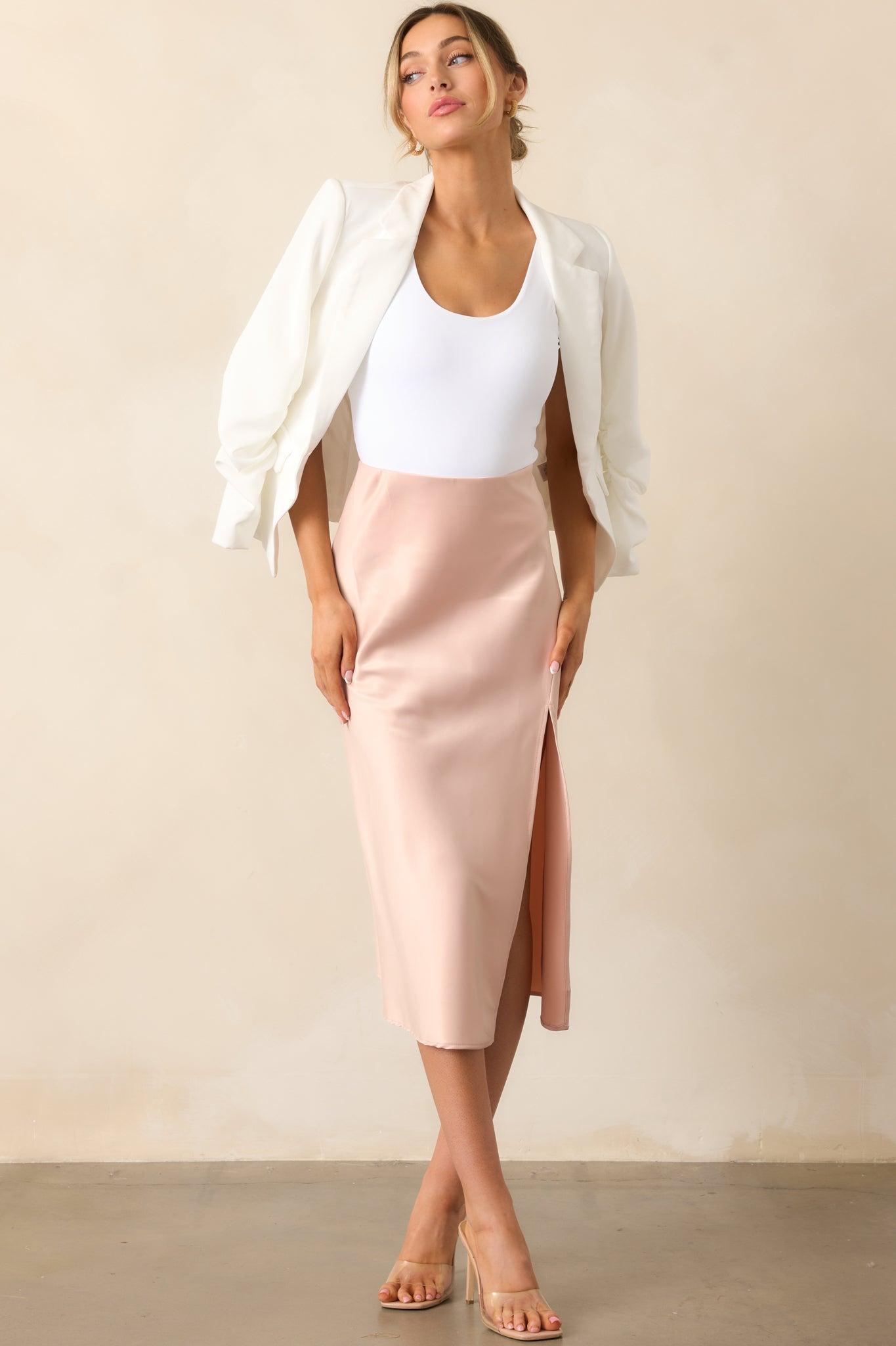 Park Avenue Glam Blush Pink Satin Midi Skirt Product Image