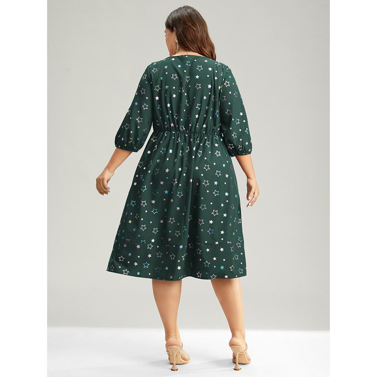 Plus Size Heart Glitter Square Neck Lantern Sleeve Dress DarkGreen Women Cocktail Elastic cuffs Square Neck Half Sleeve Curvy Midi Dress BloomChic 28/5X Product Image
