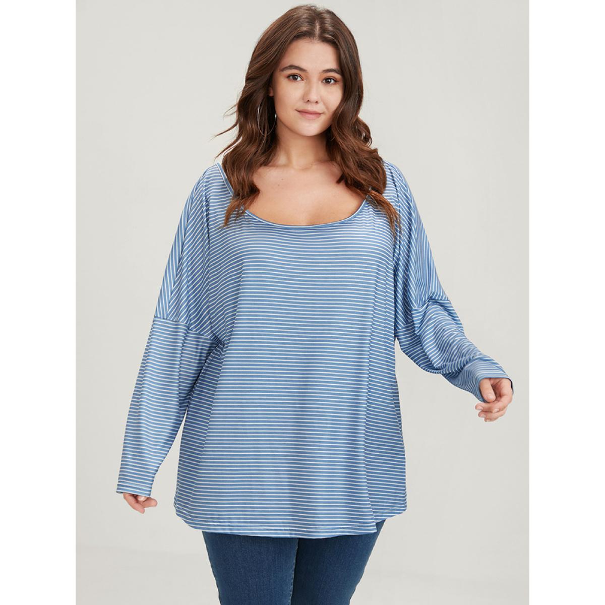 Plus Size Striped Print Scoop Neck Long Tee Blue Women Casual Striped Scoop Neck Loose Dailywear T-shirts BloomChic 12/L Product Image