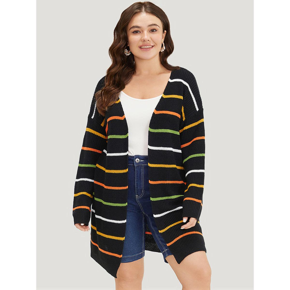Plus Size Contrast Striped Open Front Loose Cardigan Black Women Casual Loose Long Sleeve Dailywear Cardigans BloomChic 18-20/2X Product Image