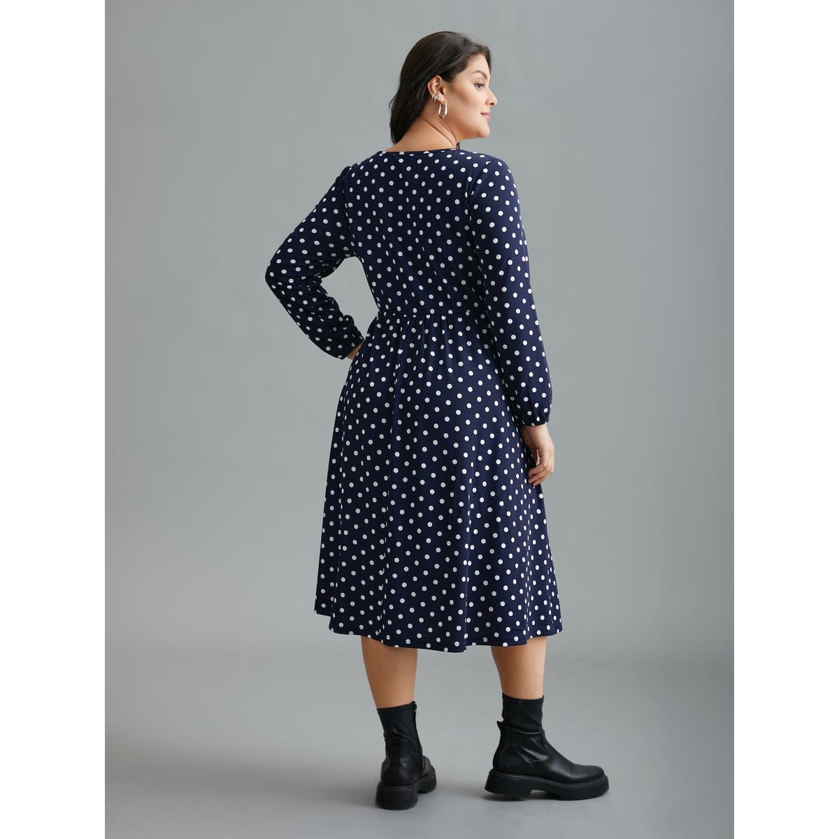 Plus Size V Neck Polka Dot Midi Dress DarkBlue Women Casual Non Knit Dresses Bloomchic 30/6X Product Image