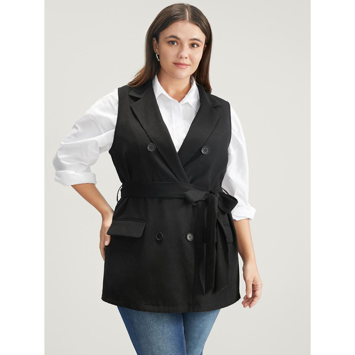 Plus Size Solid Flap Pocket Sleeveless Belt Blazer Black Women Work Plain Belted Sleeveless Sleeveless Lapel Collar 10/M Pocket Belt Office Blazers BloomChic Product Image