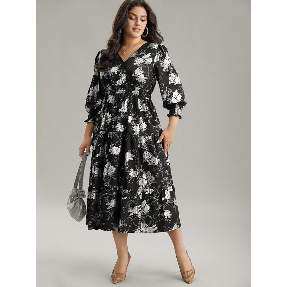 Plus Size Silhouette Floral Print Glitter Wrap Shirred Dress Black Women Elegant Wrap Overlap Collar Elbow-length sleeve Curvy Midi Dress BloomChic 30/6X Product Image