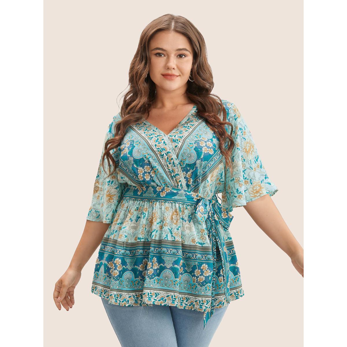 Plus Size Turquoise Floral Print Ruffles Belted Blouse Women Boho Half Sleeve V-neck Vacation Blouses BloomChic 10/M Product Image