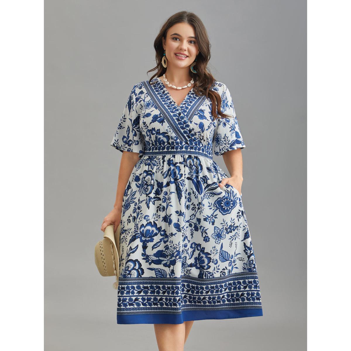 Plus Size Floral Print Wrap-Neck Pocket Midi Dress Navy Women Boho Non Overlap Collar Short sleeve Curvy BloomChic 28/5X Product Image