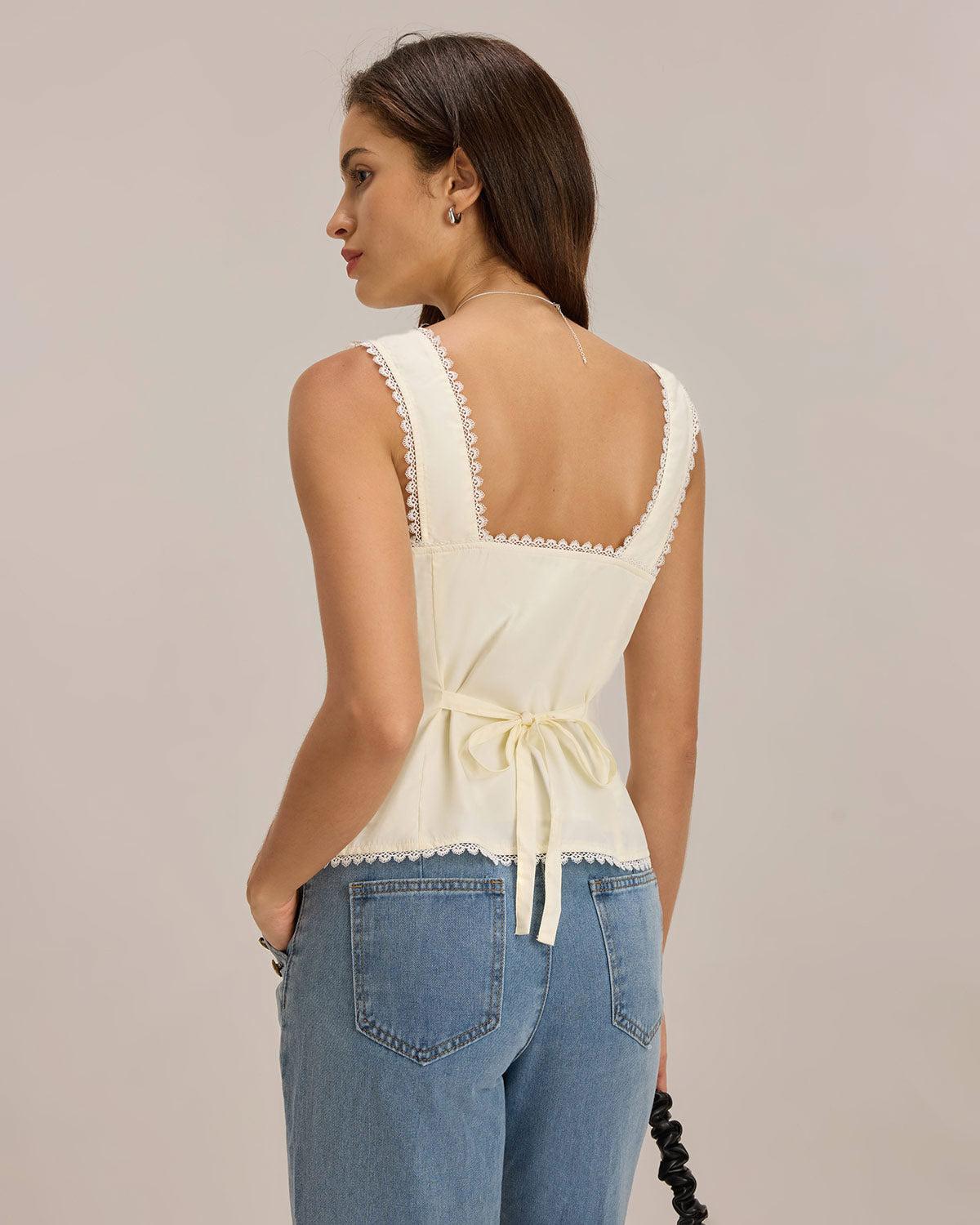 Beige Vest V Neck Lace Tie-Back Vest Product Image