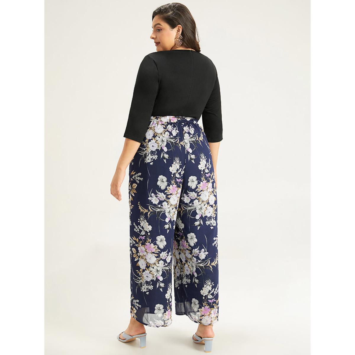 Plus Size Indigo Floral Patchwork Belted Jumpsuit Women Elegant Elbow-length sleeve Round Neck Everyday Loose Jumpsuits BloomChic 28/5X Product Image