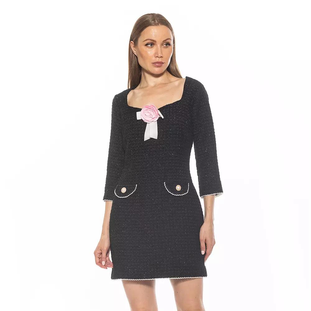 Women's ALEXIA ADMOR Dianys Tweed Princess Neckline Shift Mini Dress, Size: 12, Black Product Image