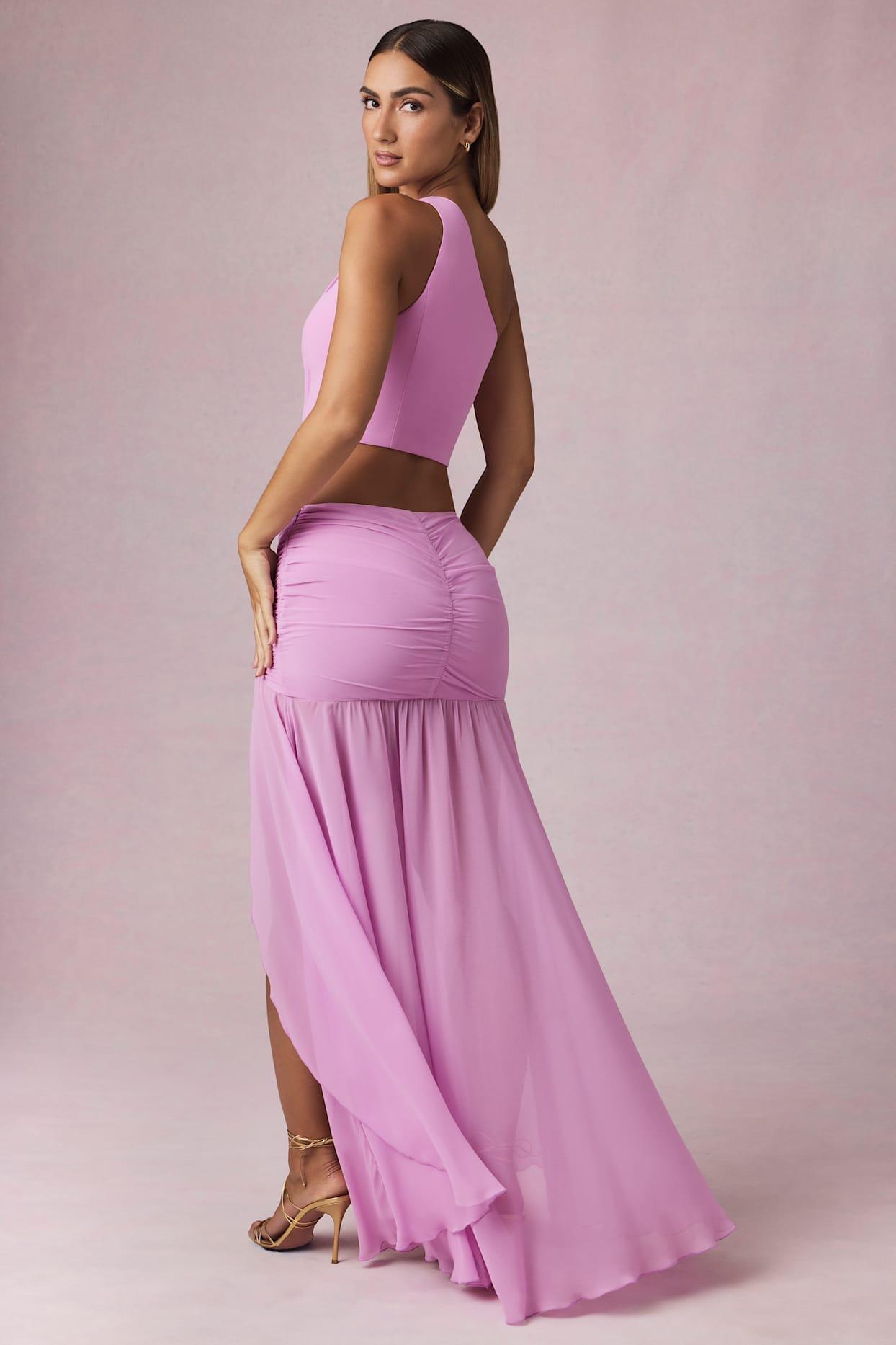 Asymmetric Ruched Maxi Skirt in Pink Orchid Product Image