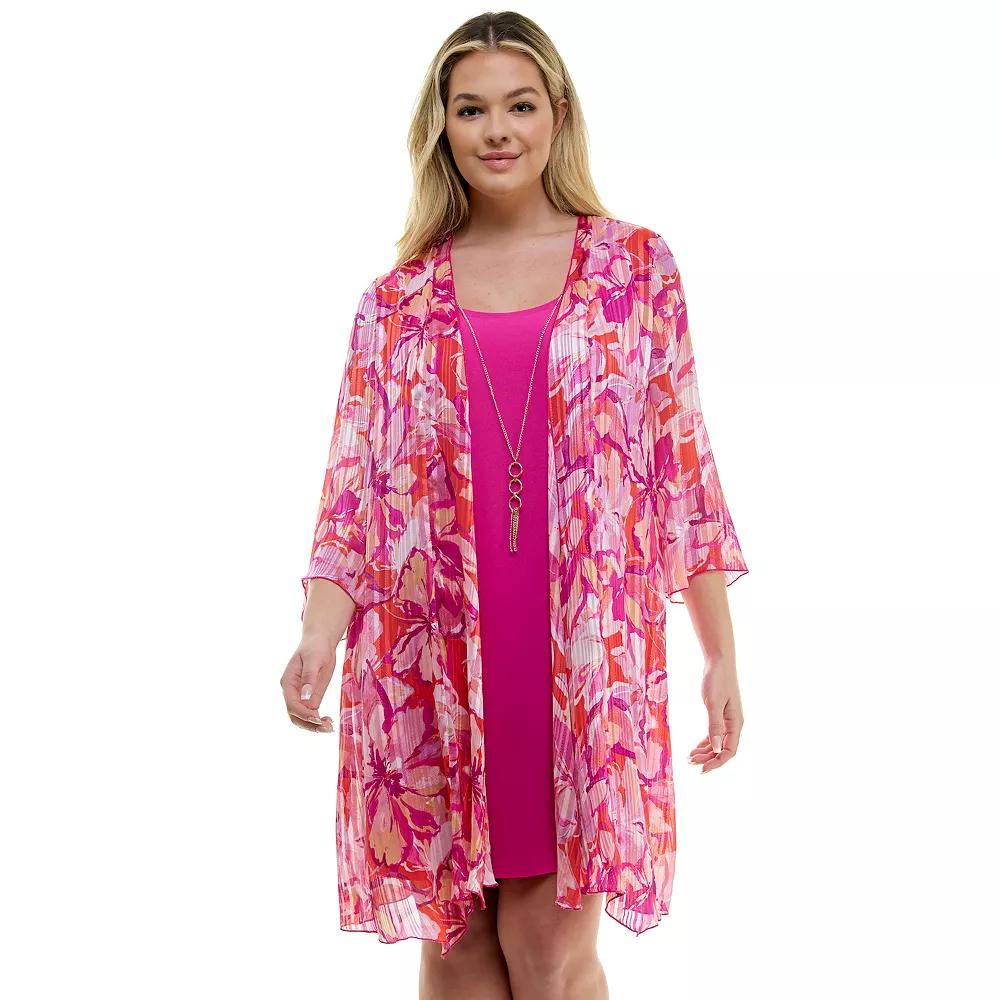 Plus Size Luxology 2-Piece 3/4 Bell Sleeve Cardigan & Drop Collar Dress Set, Women's, Size: 1XL, Pink Fuschia White Product Image