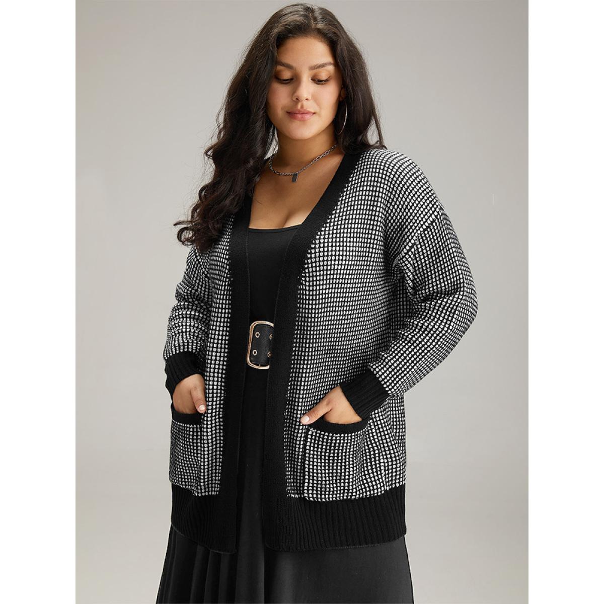 Plus Size Polka Dot Patched Pocket Drop Shoulder Cardigan Black Women Basics Loose Long Sleeve Dailywear Cardigans BloomChic 30/6X Product Image