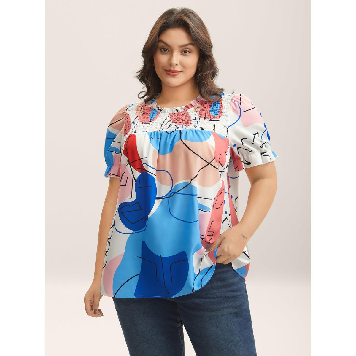 Plus Size Multicolor Whimsical Pattern Shirred Puff Sleeve Blouse Women Short sleeve Stand-up collar Everyday-Elegant Blouses BloomChic 10/M Product Image