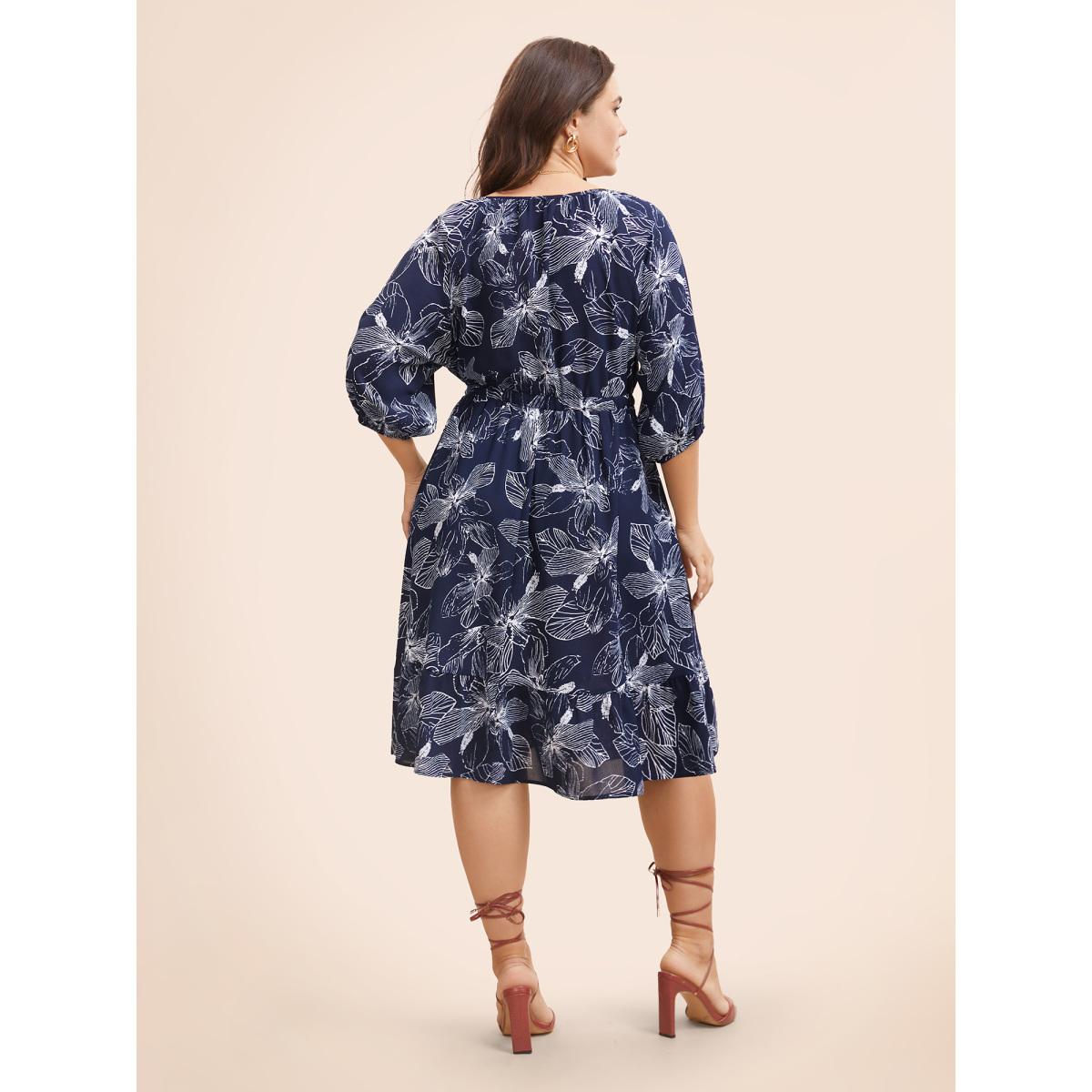 Plus Size Silhouette Floral Print Tie Knot Dress Navy Women Elegant Tie knot V-neck Elbow-length sleeve Curvy BloomChic 30/6X Product Image