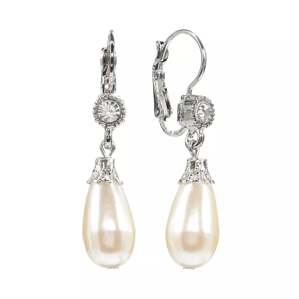 1928 Silver Tone Crystal & Simulated Pearl Drop Earrings, Women's, Grey Product Image