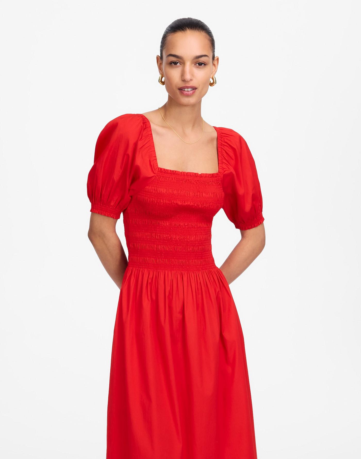 Smocked Puff Sleeve Midi Dress in Poplin Product Image
