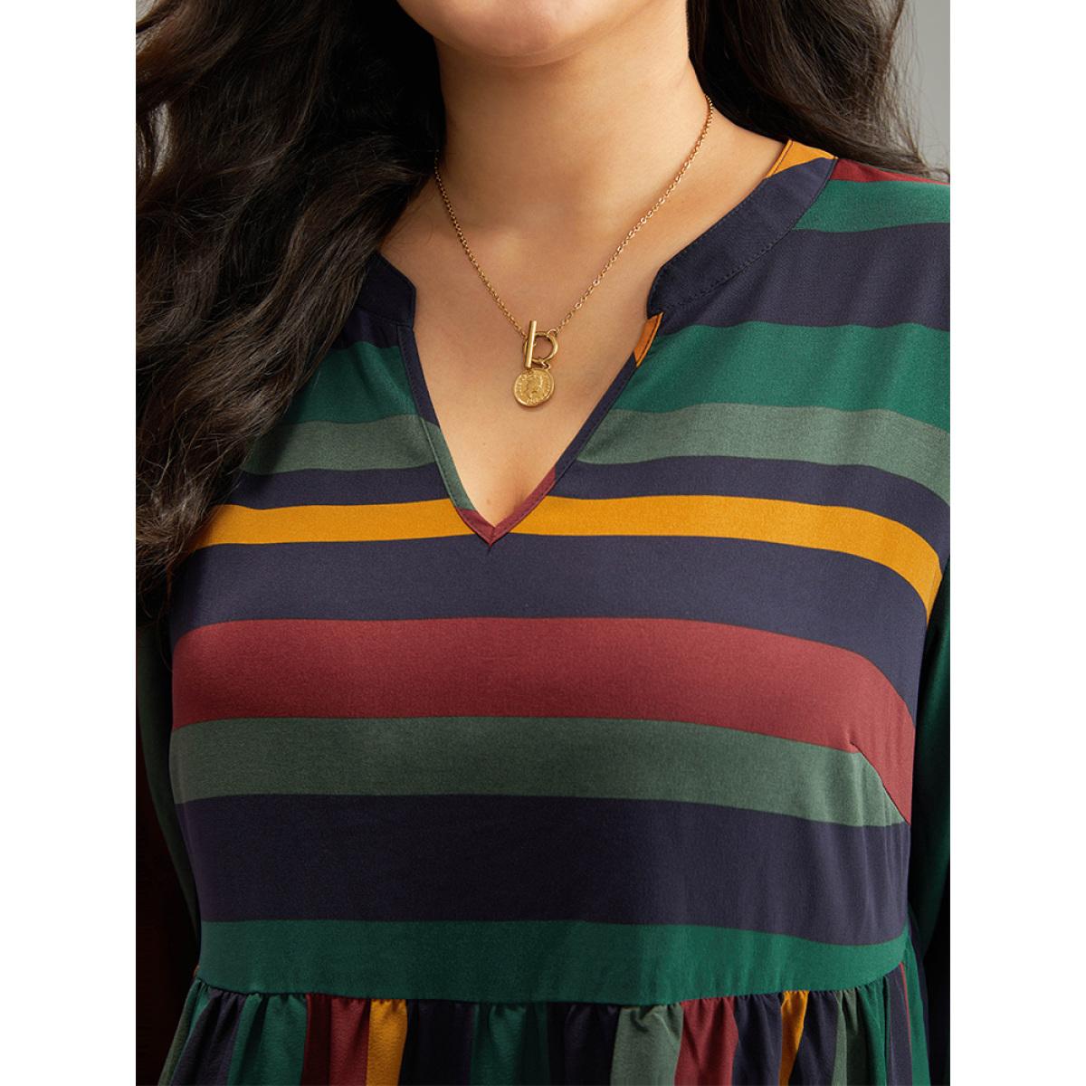 Plus Size Rainbow Striped Notched Patchwork Dress Multicolor Women Office Elastic cuffs Notched collar Long Sleeve Curvy Midi Dress BloomChic 30/6X Product Image