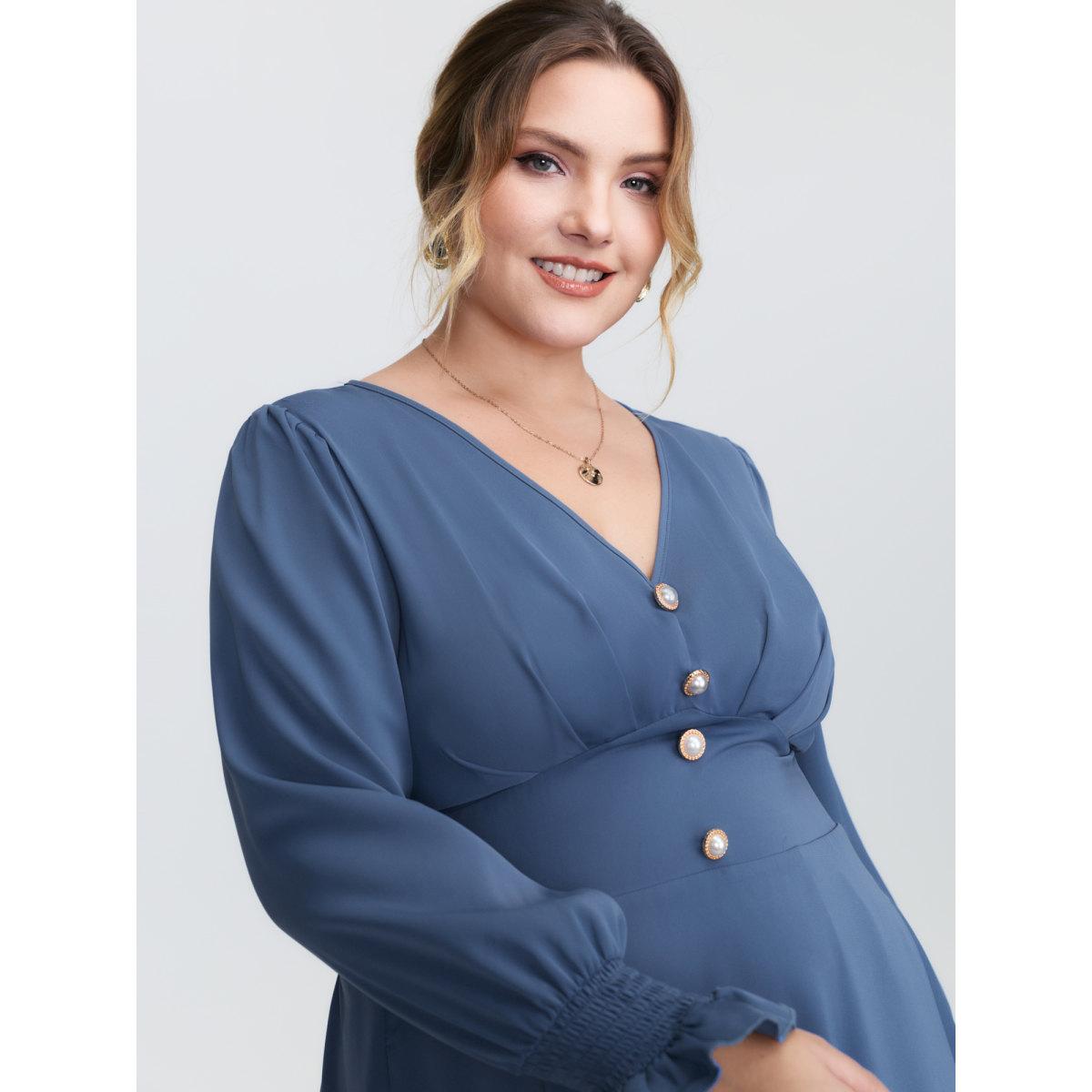 Plus Size Pearl Metal Trim Buttons Shirred Midi Dress Stone Women Timeless Gathered V-neck Long Sleeve Curvy BloomChic 28/5X Product Image