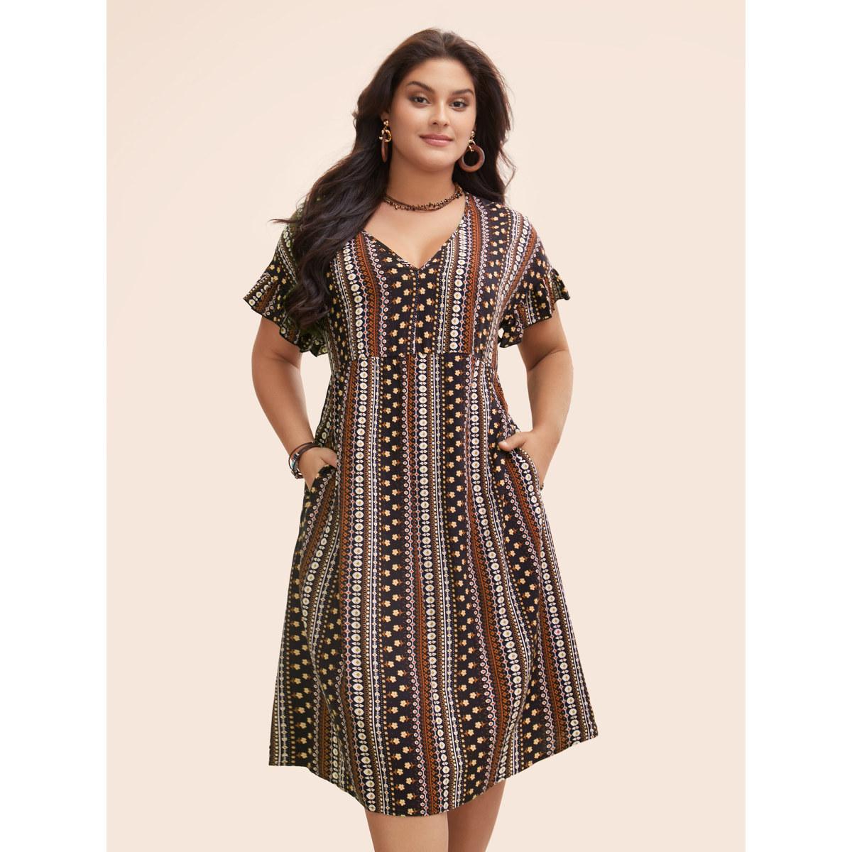 Plus Size Bandana Print Pocket V Neck Ruffle Sleeve Dress Multicolor Women Vacation Printed V-neck Short sleeve Curvy Midi Dress BloomChic 26/4X Product Image