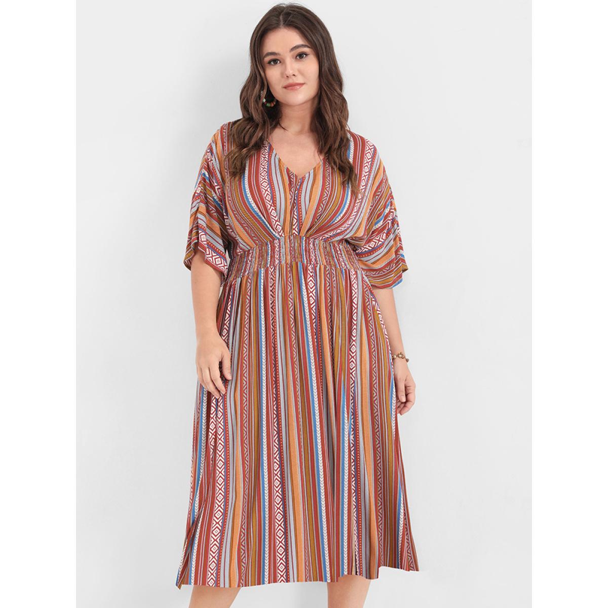 Plus Size Bandana Split Dolman Sleeve Shirred Pocket Midi Dress Multicolor Women Vacation Pocket V-neck Half Sleeve Curvy Long Dress BloomChic 30/6X Product Image
