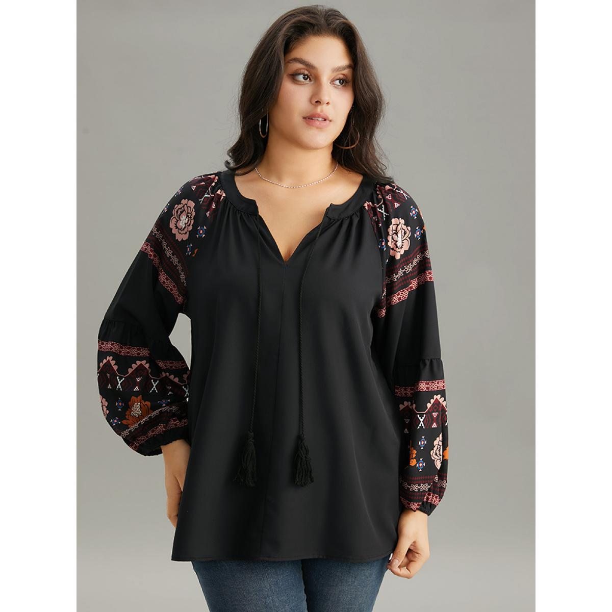 Plus Size Black Boho Print Tie Neck Tassel Trim Blouse Women Vacation Long Sleeve Tie Neck Dailywear Blouses BloomChic 12/L Product Image