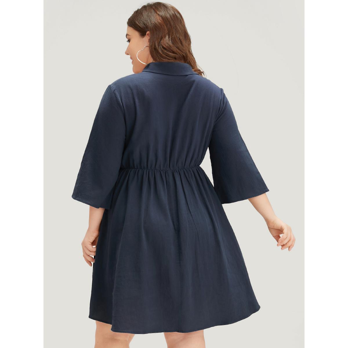 Plus Size Solid Pocket Metal Buckle Detail Shirt Collar Dress Navy Women Office Plain Shirt collar Elbow-length sleeve Curvy Knee Dress BloomChic 26/4X Product Image