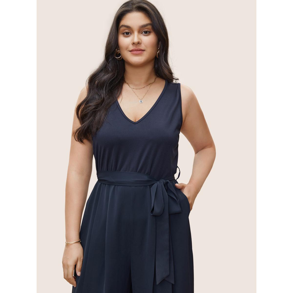 Plus Size DarkBlue Anti-Wrinkle Patchwork Pleated Detail Tank Jumpsuit Women Casual Sleeveless V-neck Everyday Loose Jumpsuits BloomChic 22-24/3X Product Image
