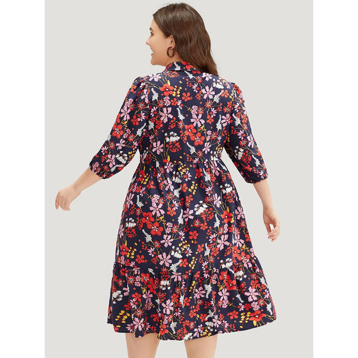 Plus Size Floral Print Shirt Collar Ruffled Hem Dress DarkBlue Women Elegant Elastic cuffs Shirt collar Elbow-length sleeve Curvy Midi Dress BloomChic 14-16/1X Product Image