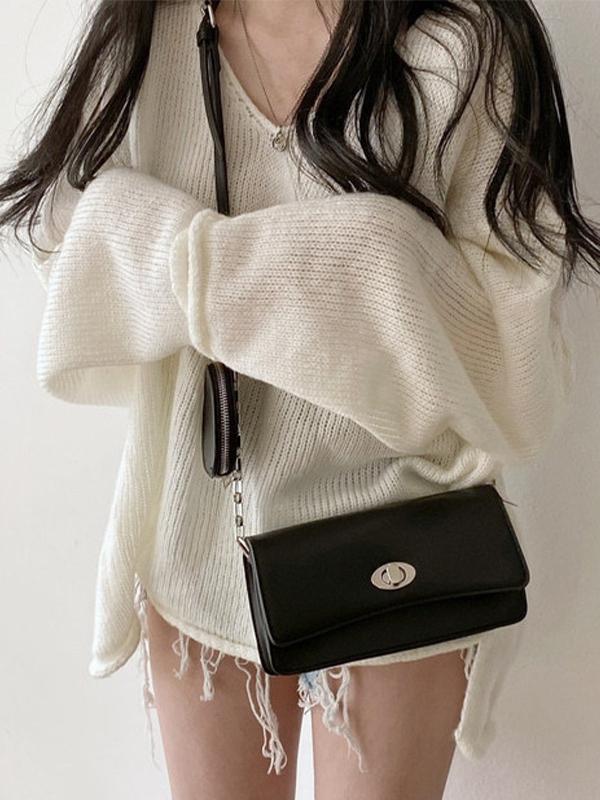 V Neck Rolled Hem Loose Sweater Product Image