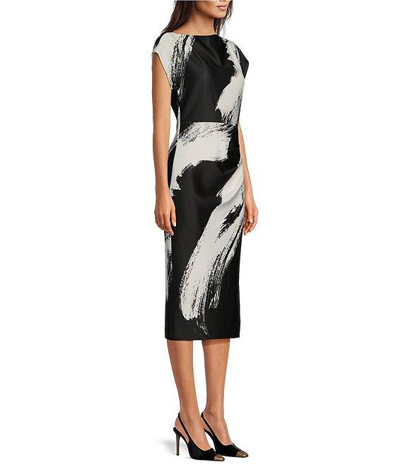 Donna Karan Boat Neck Short Sleeve Ruched Waist Scuba Midi Dress Product Image