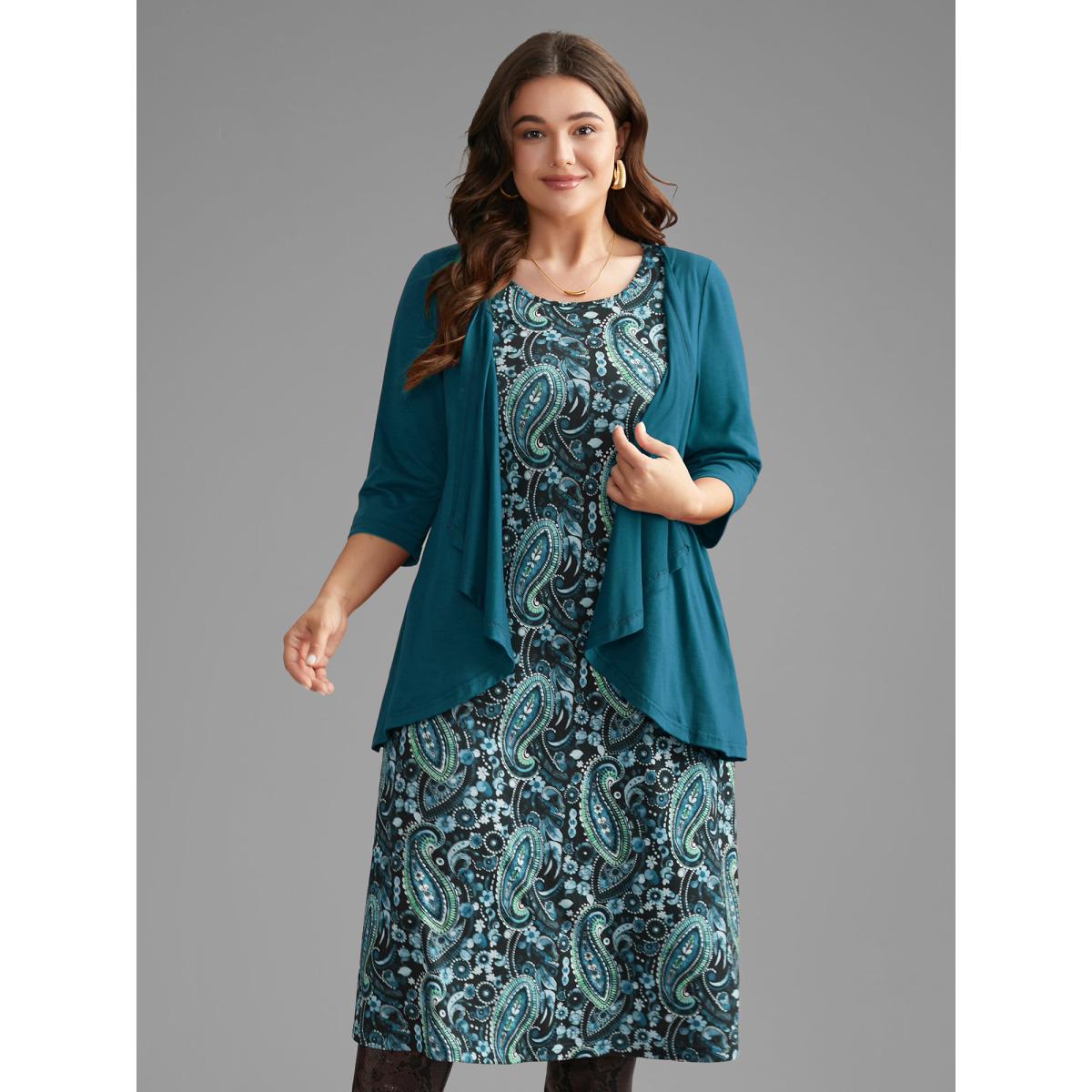 Plus Size Two Piece Paisley Print Knit Dress Set Teal Women Elegant Tiered Knit Dresses Bloomchic 14-16/1X Product Image