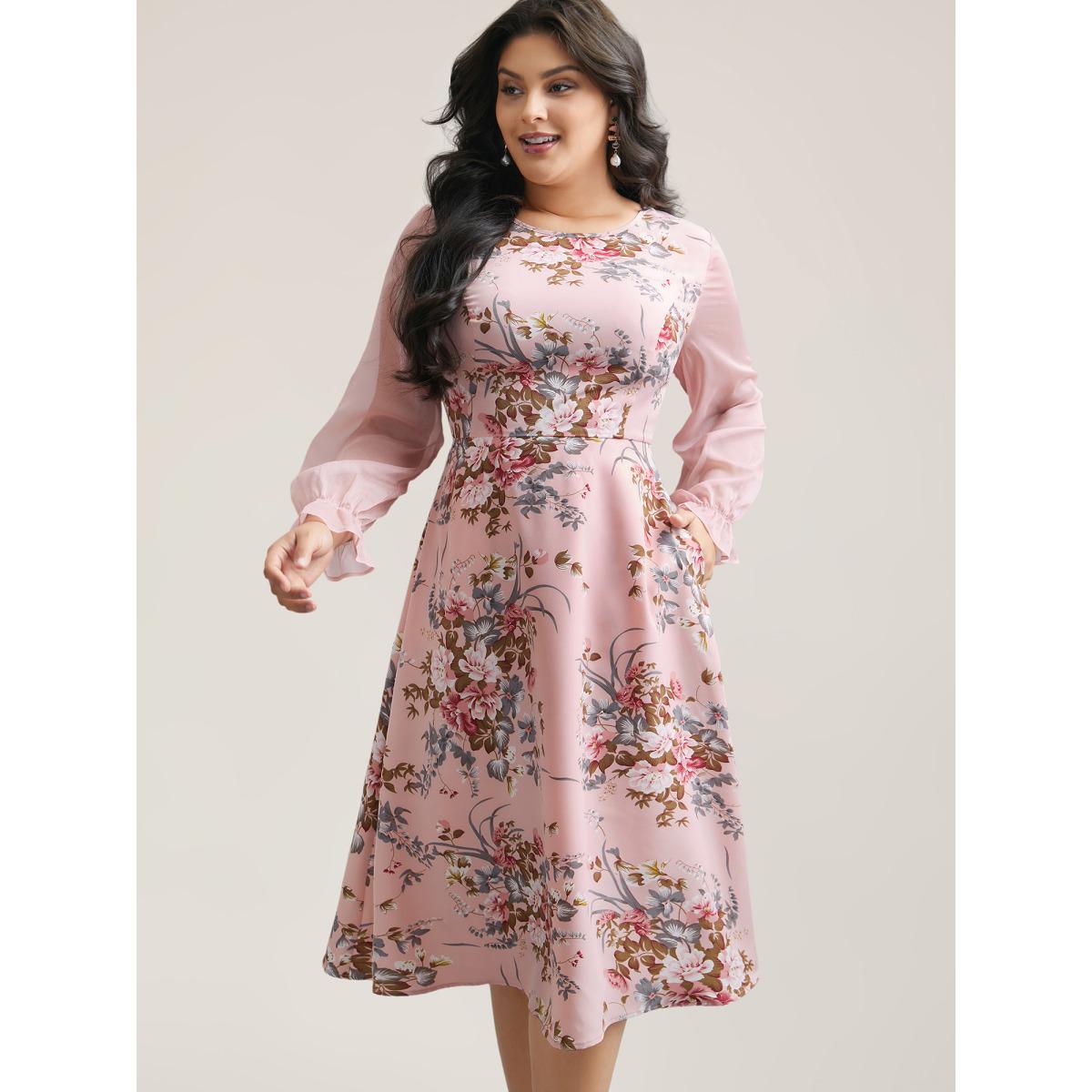 Plus Size Floral Print Spliced Waist Cinched Midi Dress MistyRose Women Romantic See through Round Neck Long Sleeve Curvy BloomChic 30/6X Product Image