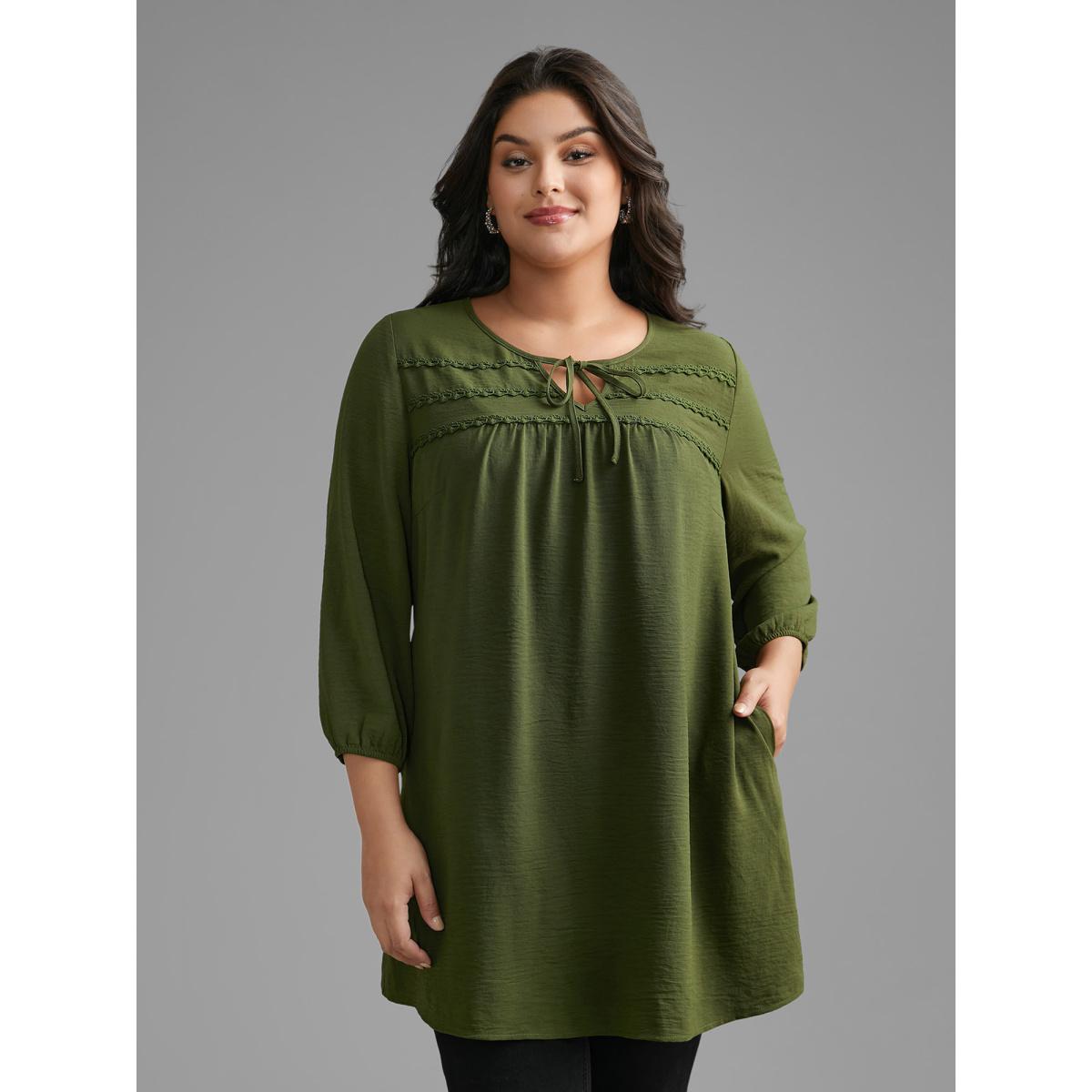 Plus Size ArmyGreen Woven Ribbon Tie Knot Gathered Blouse Women Elegant Elbow-length sleeve V-neck Everyday Blouses BloomChic 14-16/1X Product Image