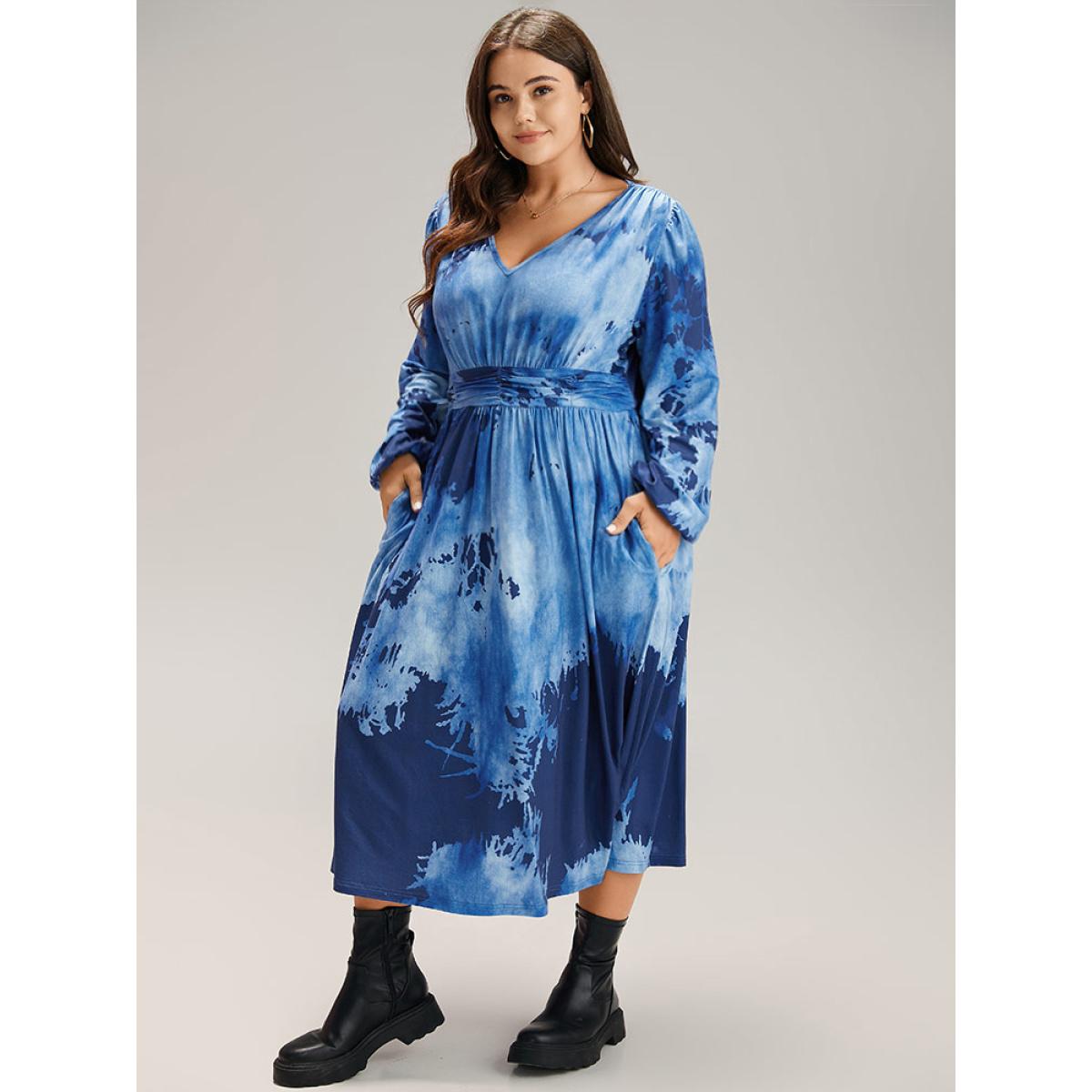 Plus Size Tie Dye Ruched Pocket Lantern Sleeve Dress Indigo Women Casual Elastic cuffs V-neck Long Sleeve Curvy Midi Dress BloomChic 28/5X Product Image