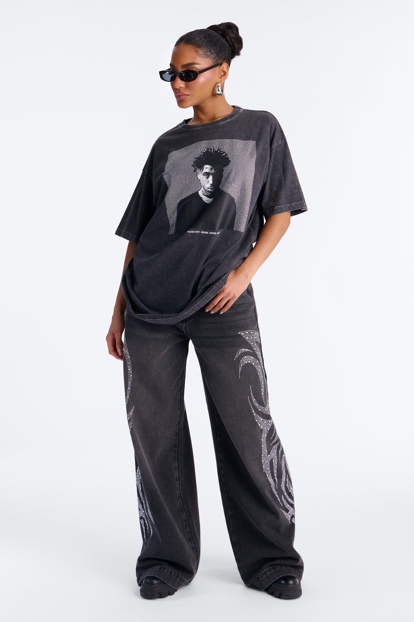 Youngboy Rhinestone Washed Tee - Black Wash Female Product Image