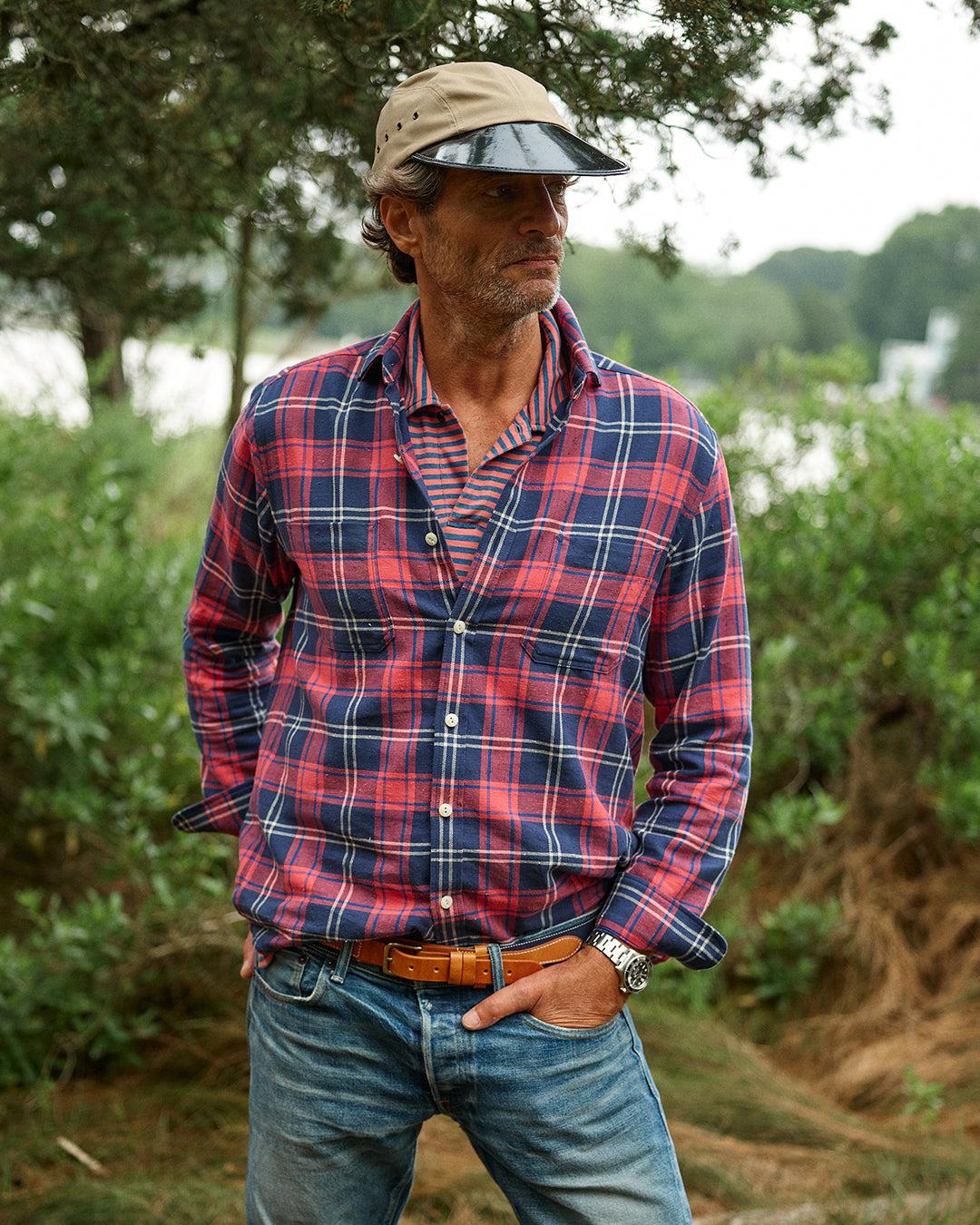 Long Sleeve Indigo Polo in Faded Red/Navy Even Stripe Product Image