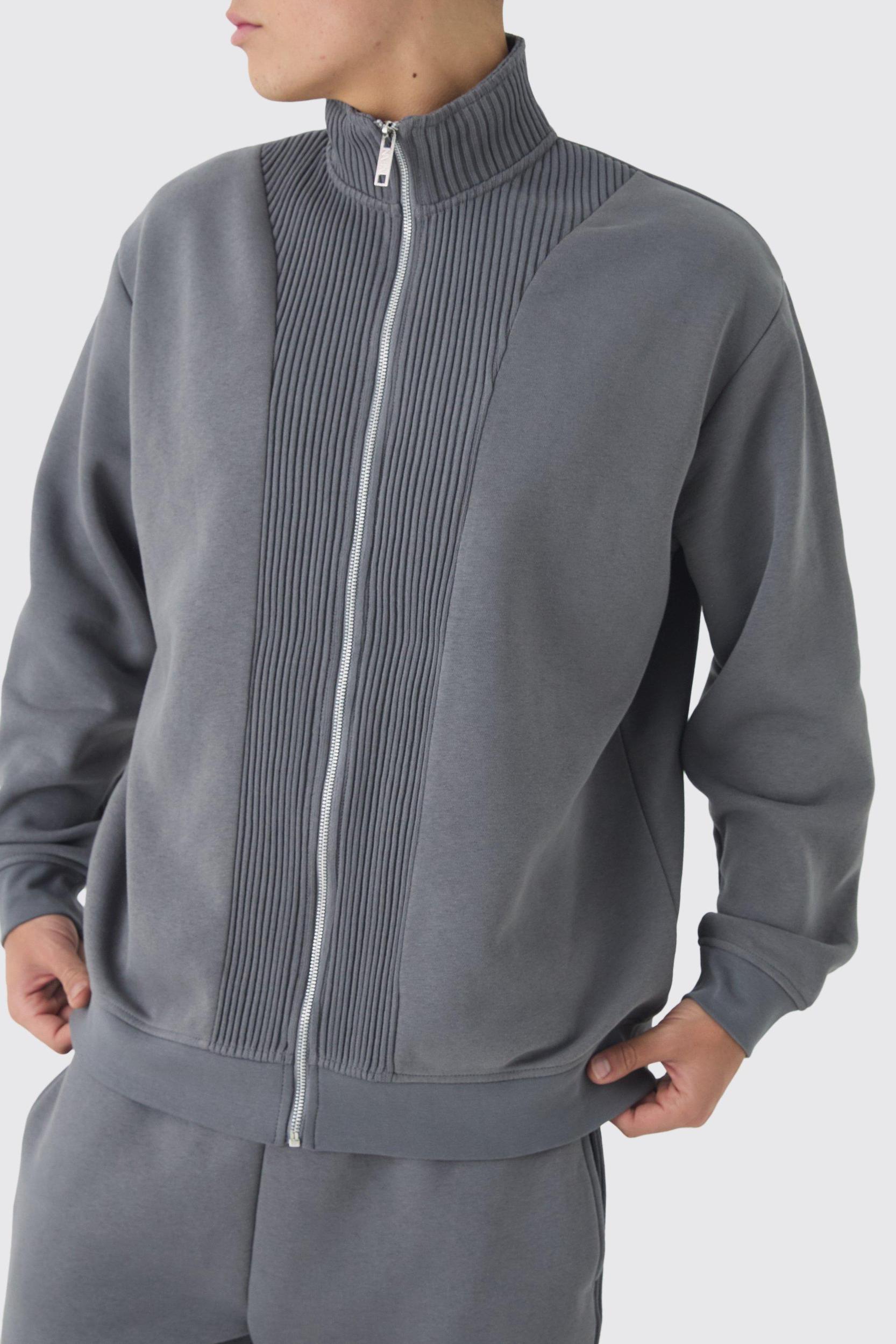 Oversized Funnel Neck Thick Rib Detail Zip Through Tracksuit | boohooMAN USA Product Image