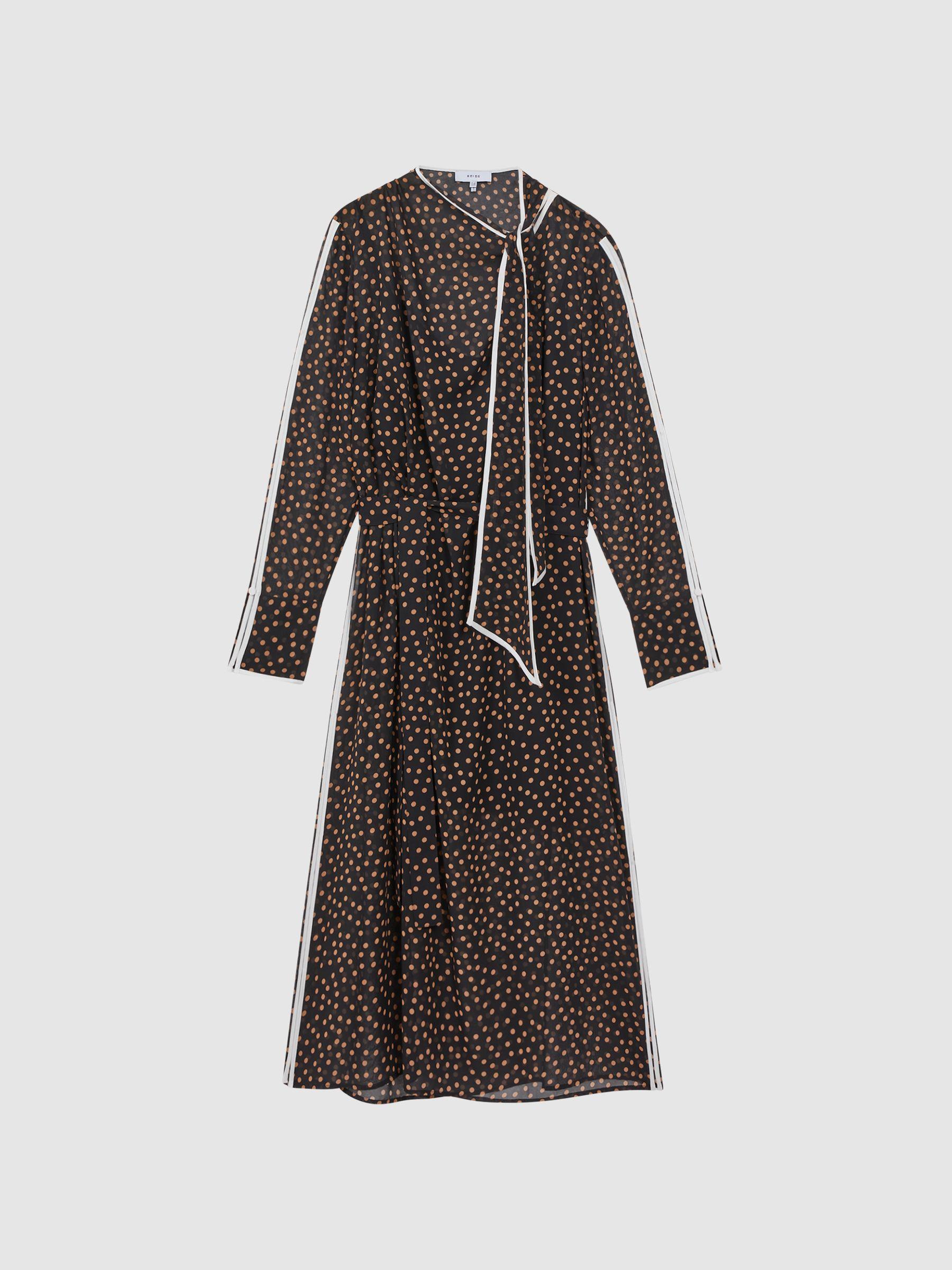 Polka Dot Tie Neck Midi Dress in Black/Brown Product Image