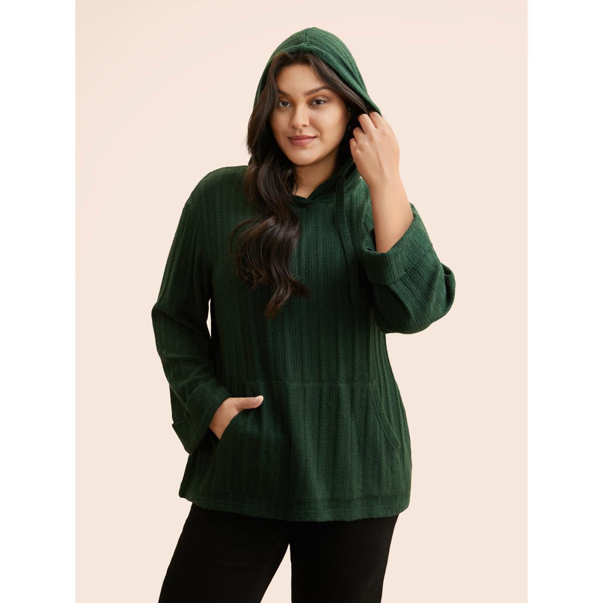 Plus Size Supersoft Essentials Textured Hooded Roll Sleeve Sweatshirt Women DarkGreen Casual Texture Hooded Everyday Sweatshirts BloomChic 10/M Product Image