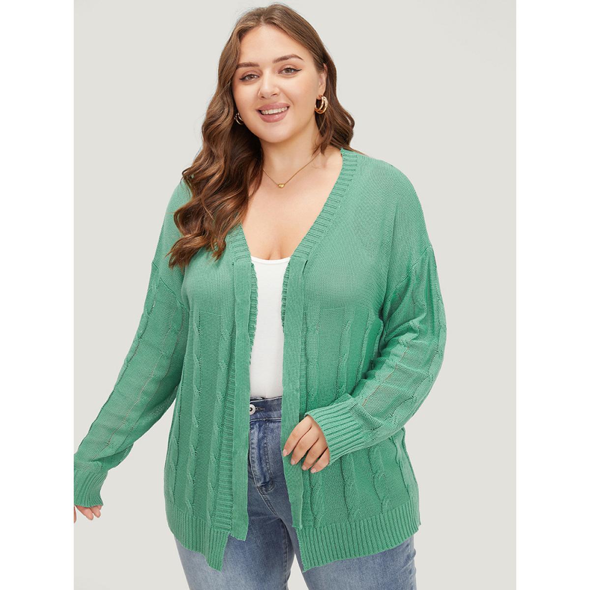 Plus Size Solid Ties Front Cable Knit Cardigan Green Women Casual Long Sleeve Dailywear Cardigans BloomChic 10/M Product Image