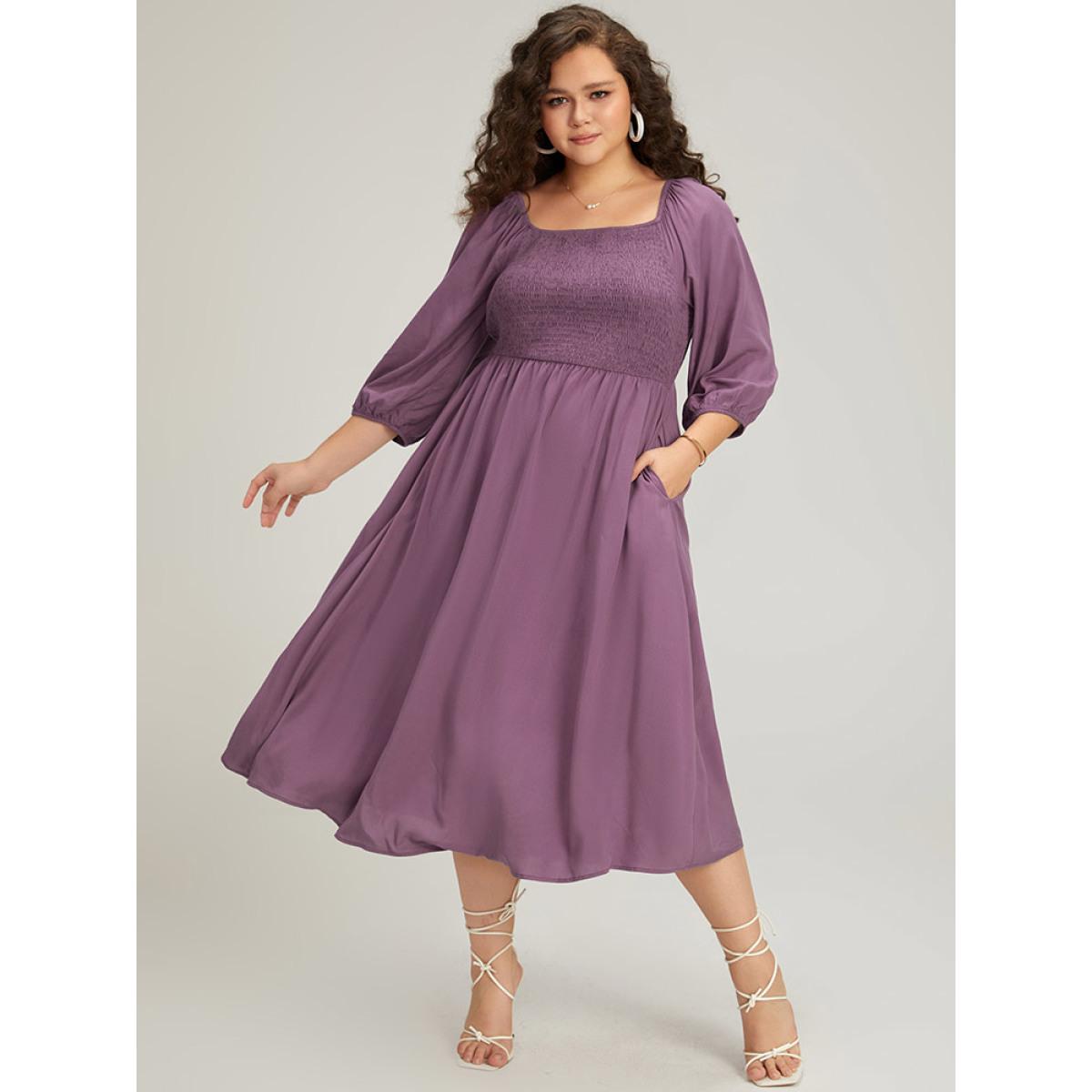 Plus Size Plain Shirred Square Neck Elastic Cuffs Dress Mauve Women Elegant Elastic cuffs Square Neck Elbow-length sleeve Curvy Midi Dress BloomChic 18-20/2X Product Image