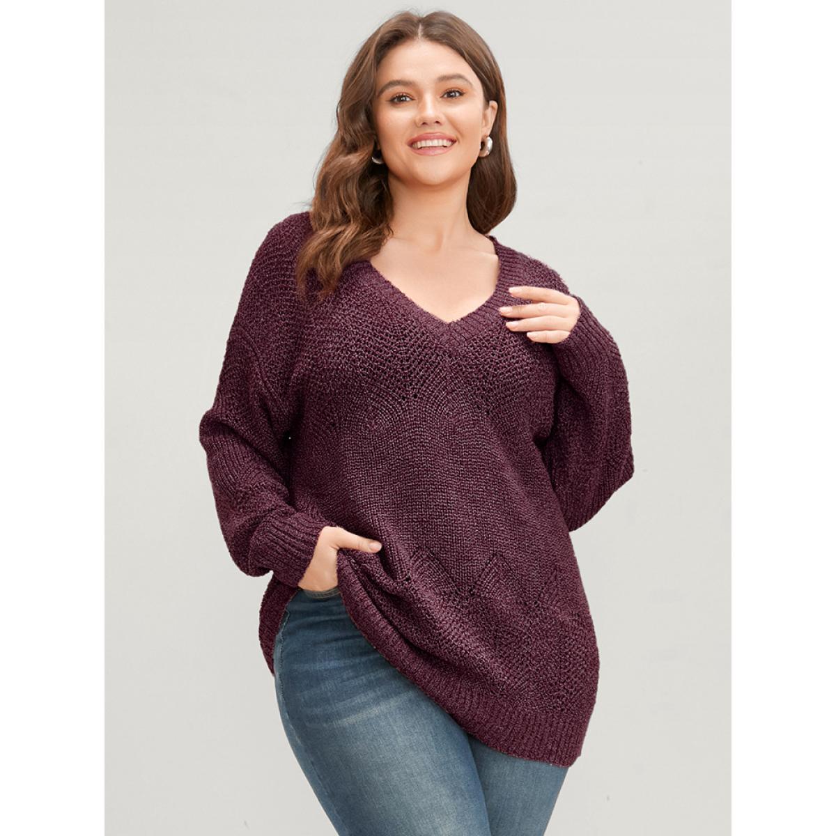 Plus Size Solid Pointelle Knit Eyelet V Neck Heather Knit Top Russet Women Elegant Loose Long Sleeve V-neck Dailywear Pullovers BloomChic 18-20/2X Product Image