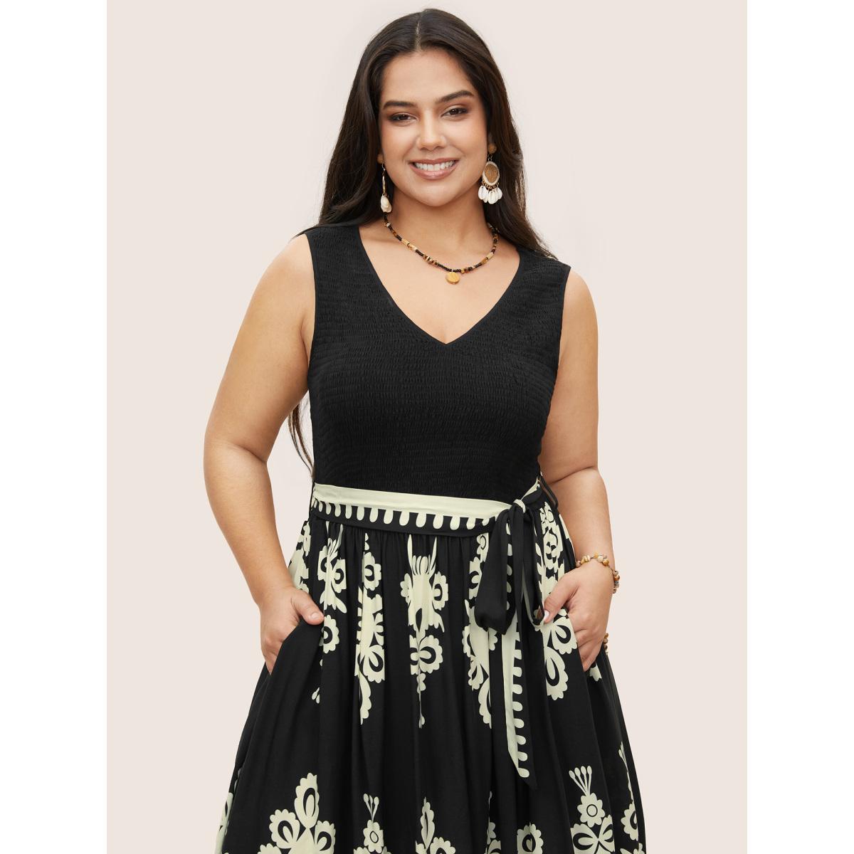 Plus Size Rayon Boho Print Shirred Belted Dress Black Women Resort Belted V-neck Sleeveless Curvy Midi Dress BloomChic 30/6X Product Image