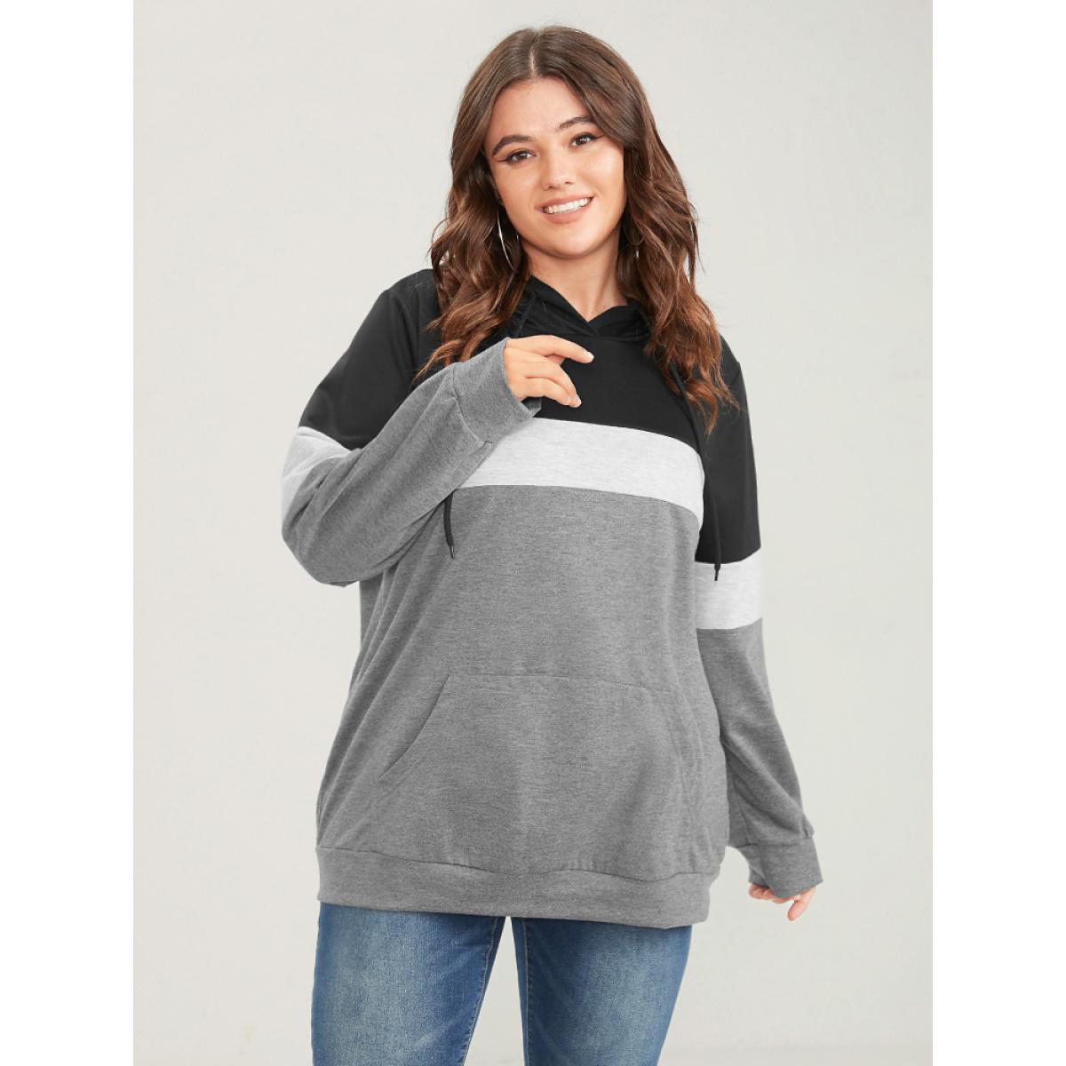 Plus Size Colorblock Contrast Hooded Pocket Drawstring Sweatshirt Women Black Casual Pocket Hooded Dailywear Sweatshirts BloomChic 28/5X Product Image