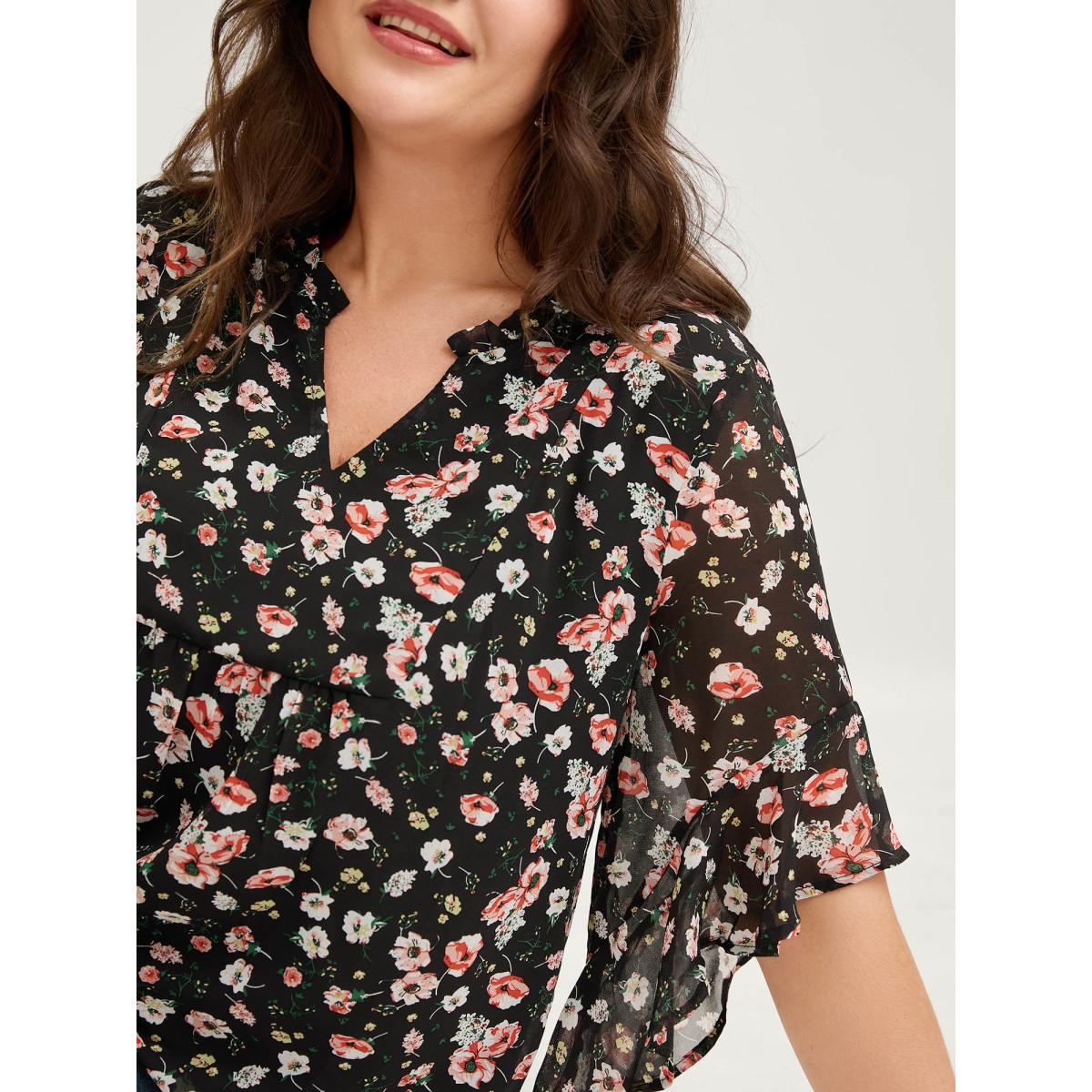 Plus Size Black Chiffon Floral Ruffled Sleeve Blouse Women Timeless Elbow-length sleeve Notched collar Elegant Blouses BloomChic 10/M Product Image