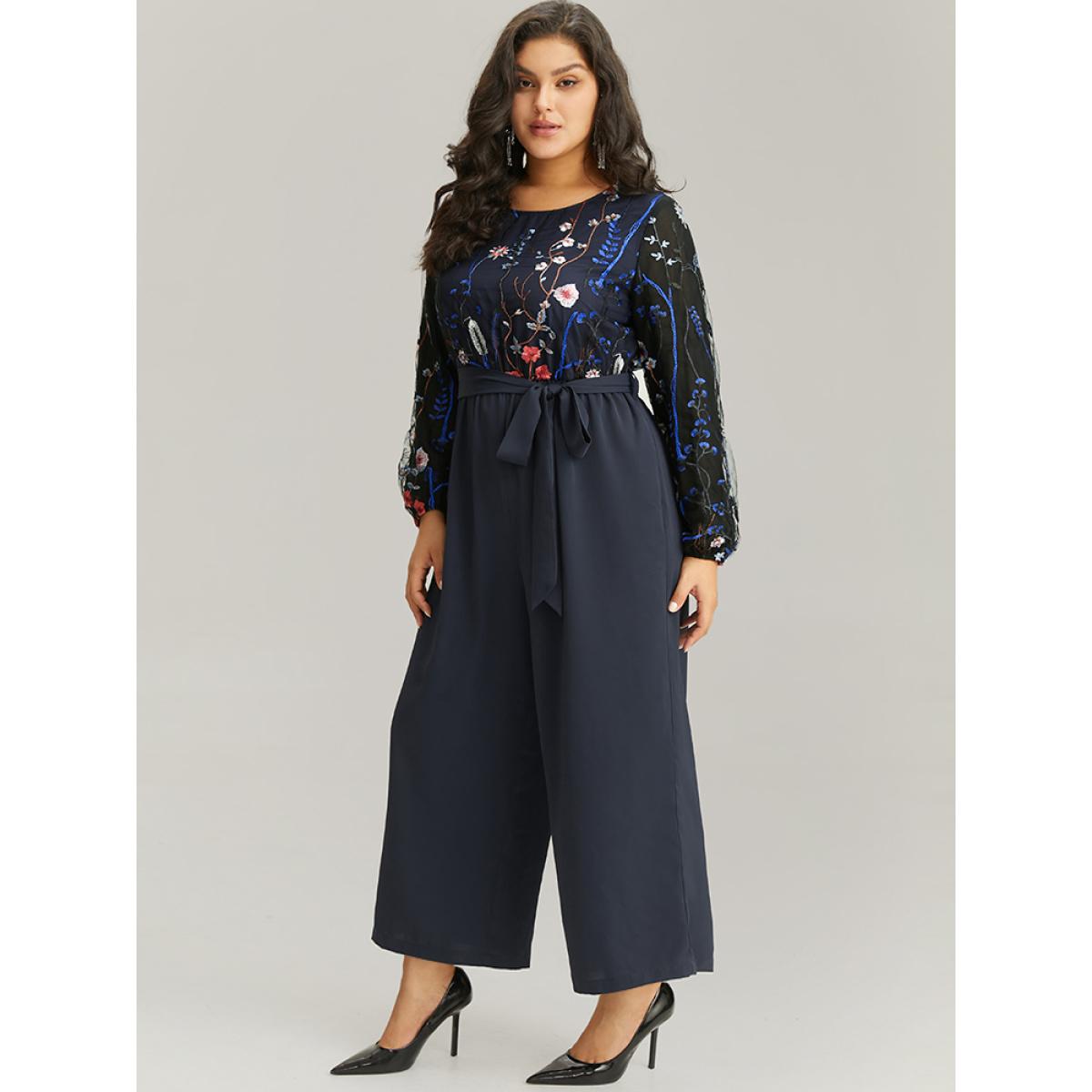 Plus Size Indigo Halloween Floral Embroidered Belted Lantern Sleeve Jumpsuit Women Glamour Long Sleeve Round Neck Festival-Halloween Loose Jumpsuits BloomChic 26/4X Product Image