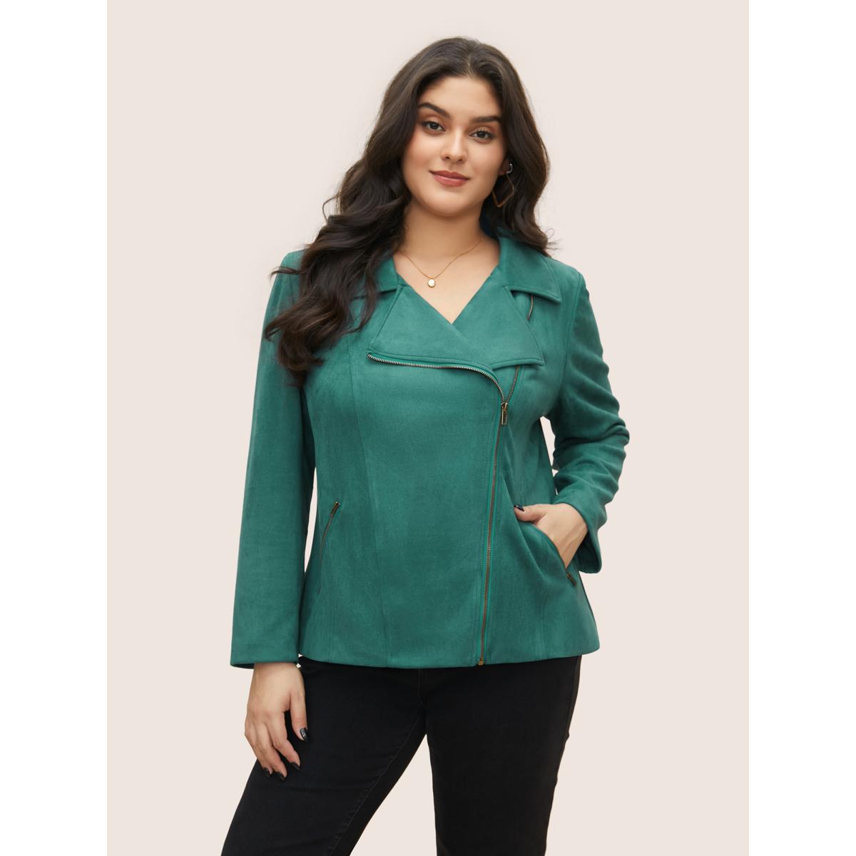 Plus Size Solid Faux Suede Zipper Lapel Collar Jacket Women Emerald Non Zippered pocket Everyday Jackets BloomChic 18-20/2X Product Image
