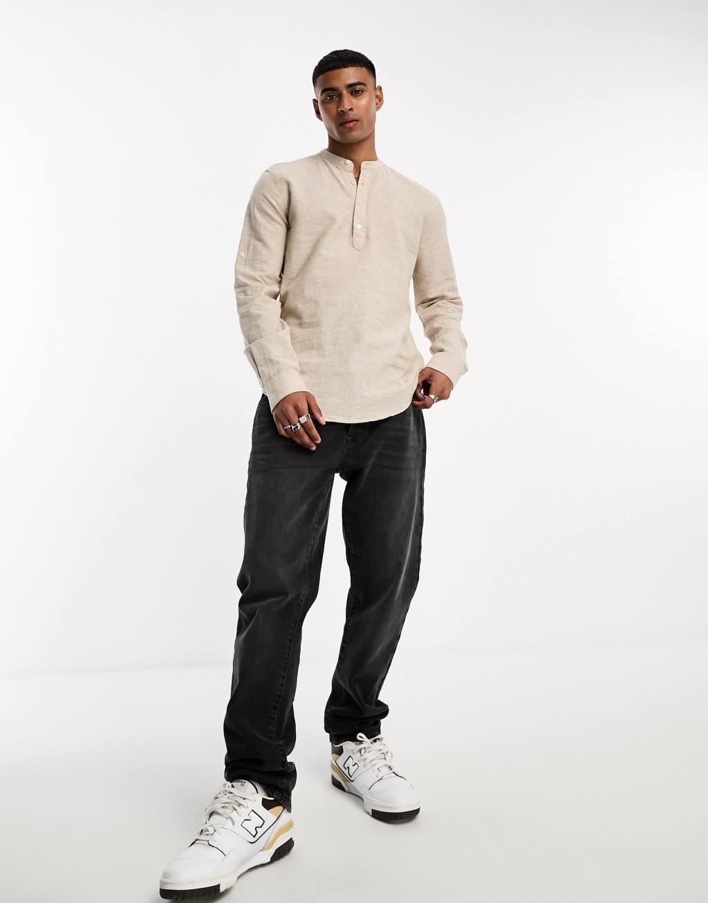 Only & Sons linen mix overhead shirt in beige Product Image