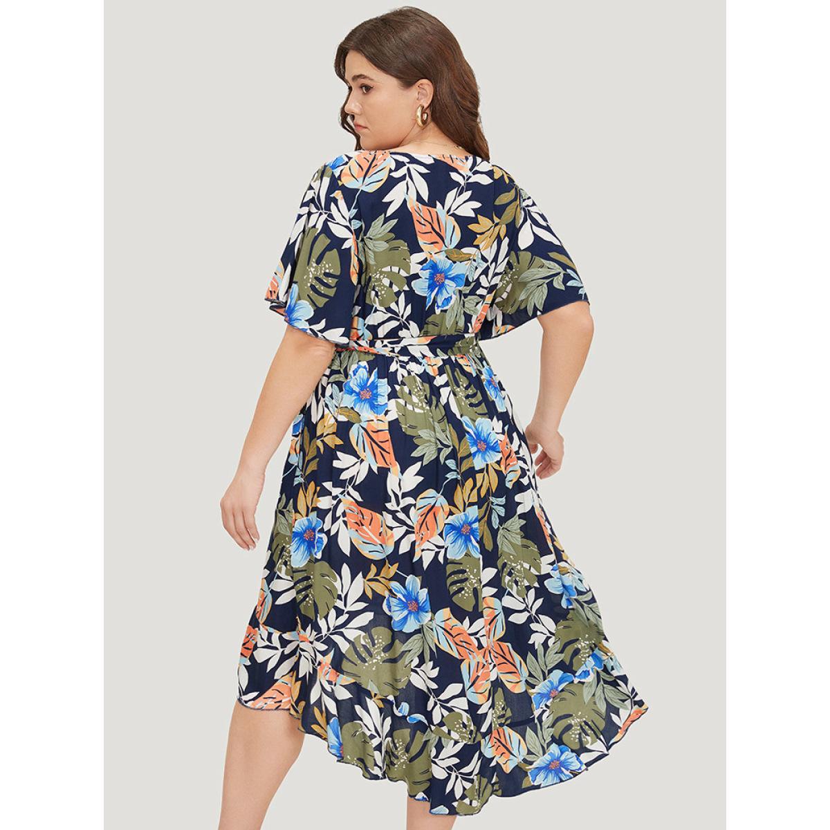 Plus Size Floral High Low Hem Pocket Ruffles Wrap Dress Indigo Women Elegant Wrap V-neck Short sleeve Curvy Midi Dress BloomChic 22-24/3X Product Image